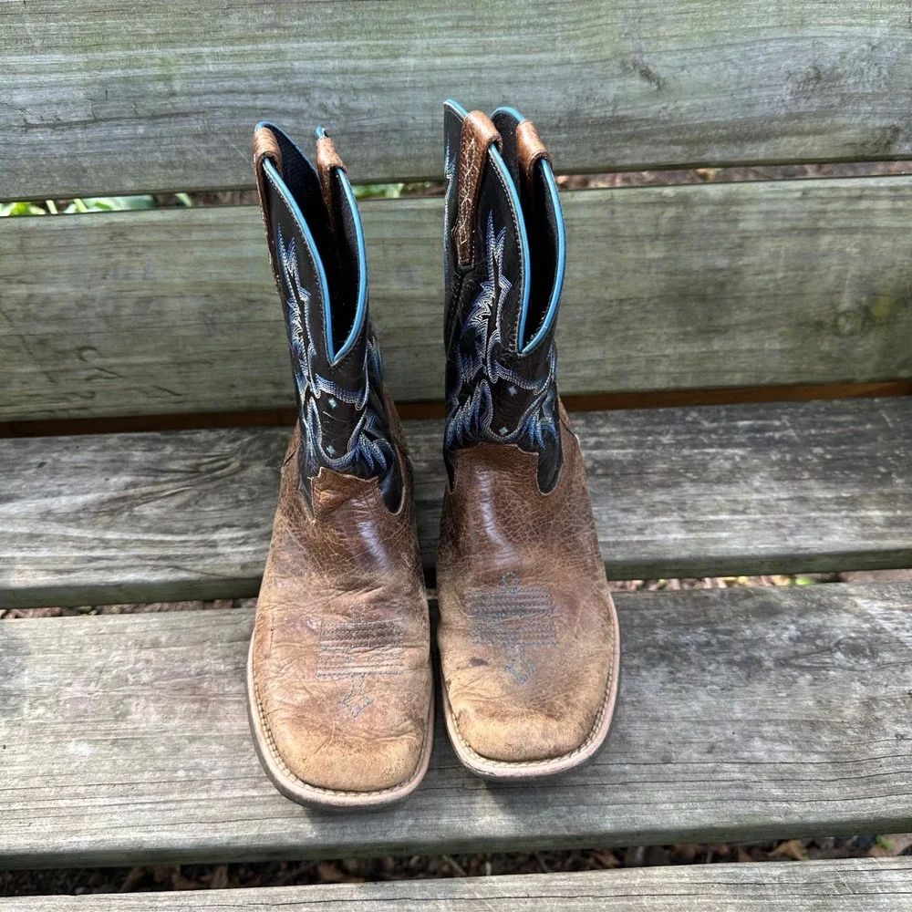 Ariat Tombstone Kids Cowboy Boots Brown Leather Square Toe Blue Stitching Size 5